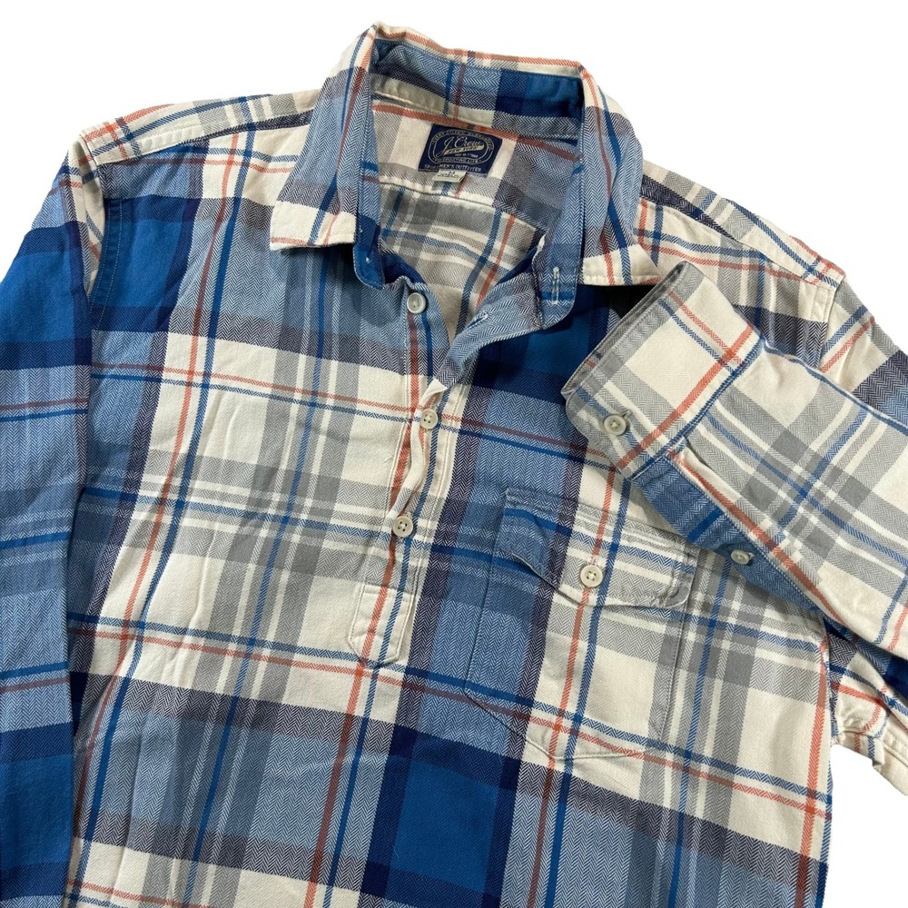 J. Crew Popover Shirt Mens M Blue Plaid Cotton Twill Long Sleeve Pocket 20016